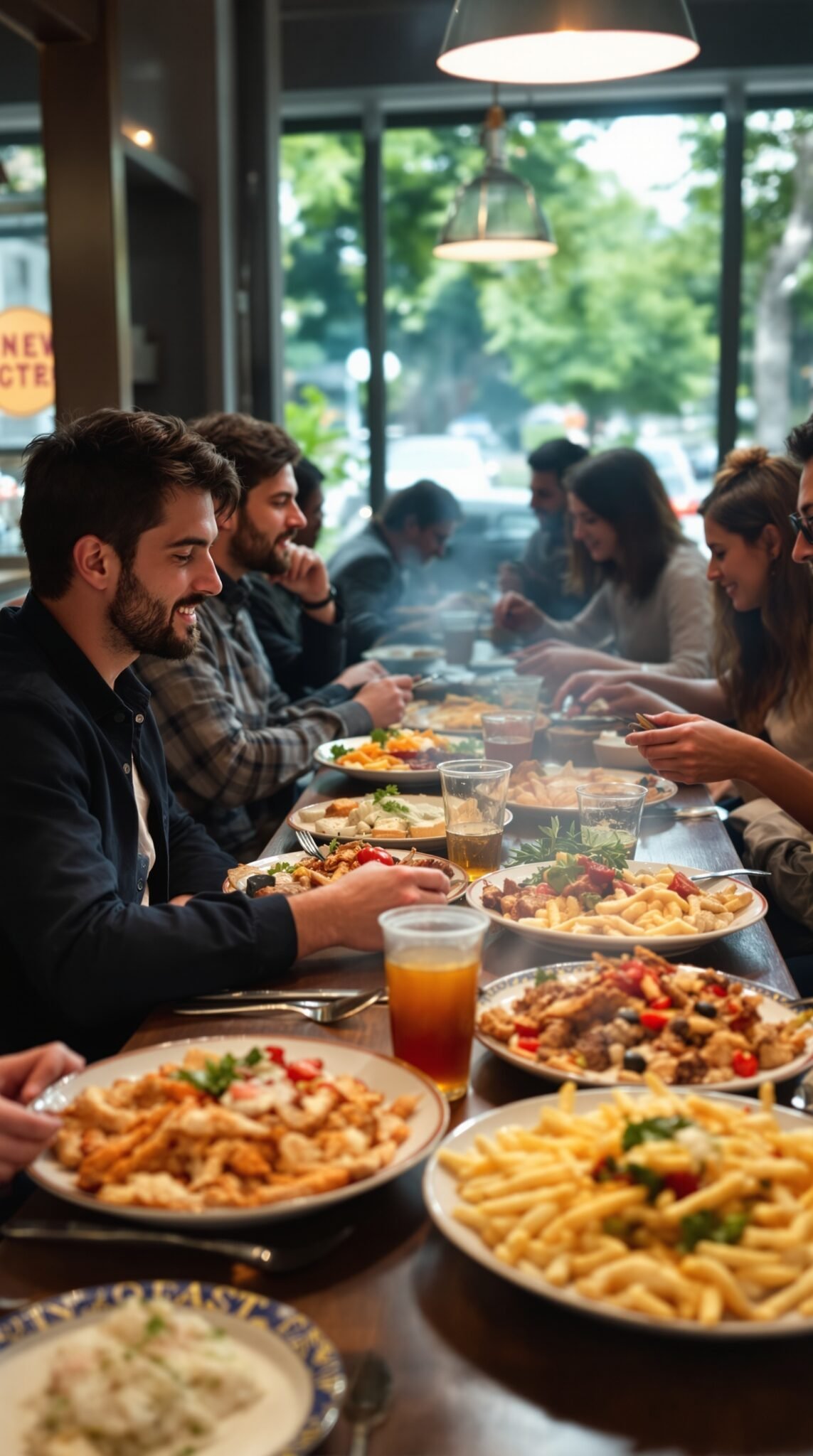 A group of friends socializing around a table filled with food.