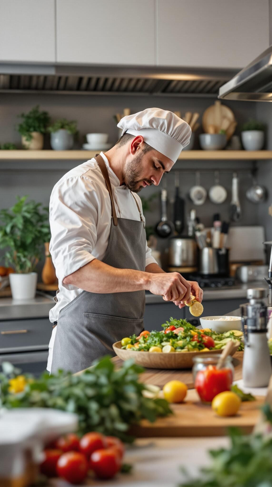 A chef squeezing lemon over a fresh salad in a modern kitchen.