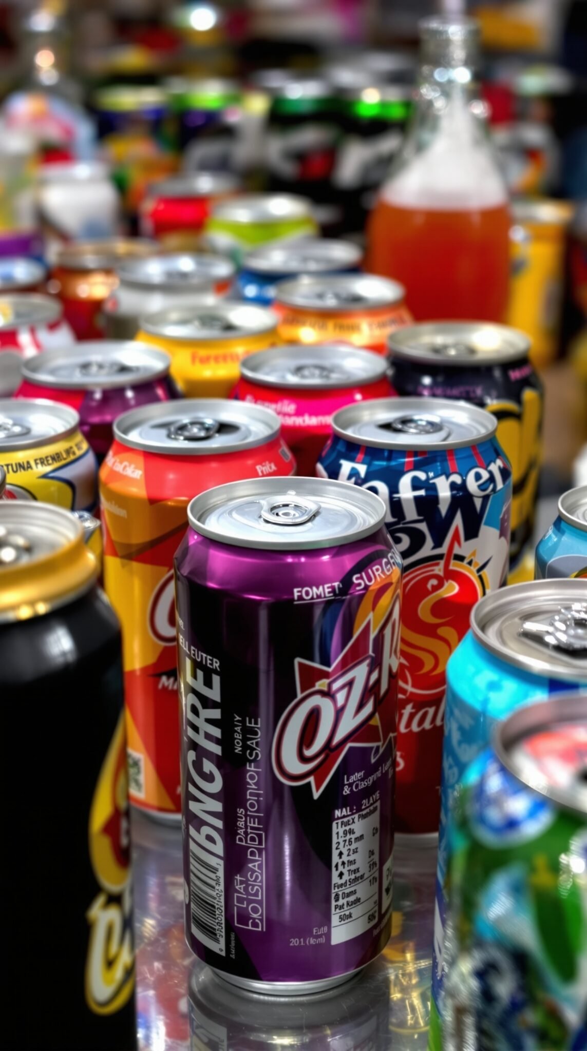 A collection of various colorful cans of sugary drinks on display.