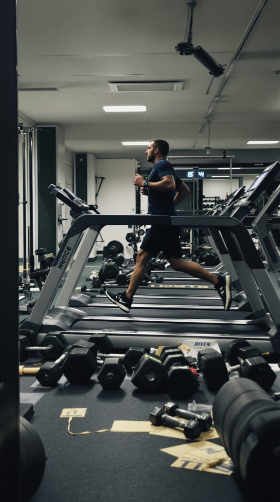 A person running on a treadmill in a gym, with weights scattered around, highlighting the importance of varied workouts.