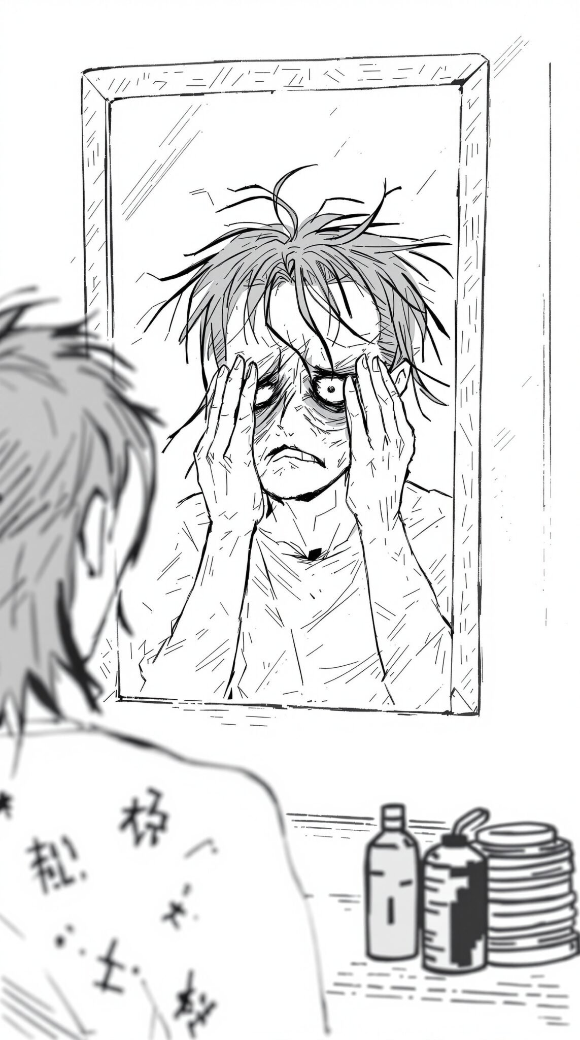 An illustration of a tired individual looking in the mirror, showing signs of stress and exhaustion.