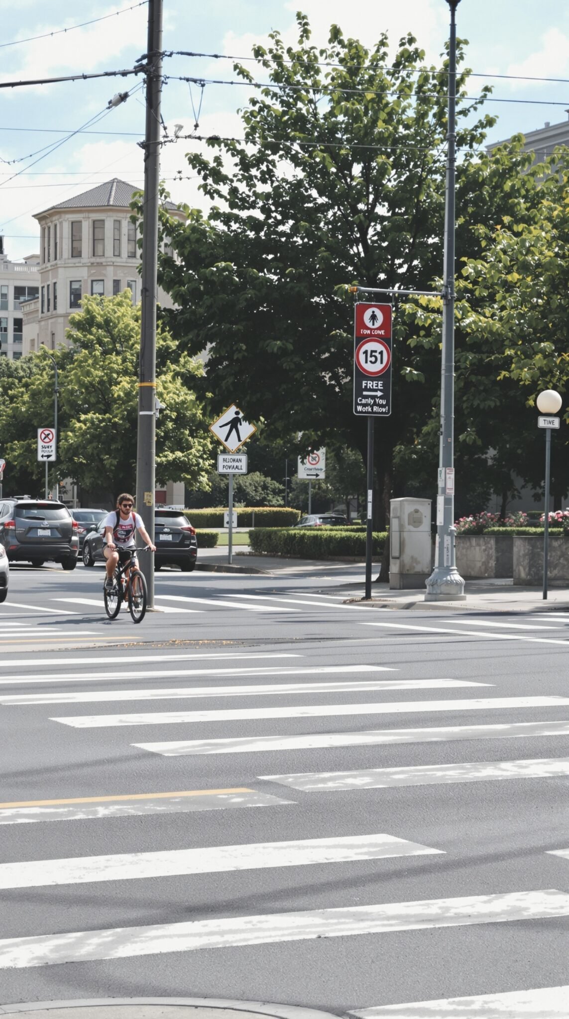 A cyclist riding on a city street with trees and traffic signs in the background.