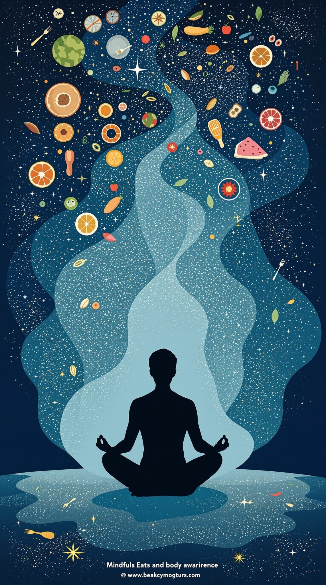 A serene figure meditating in a cosmic landscape filled with food, illustrating mindfulness and body awareness.