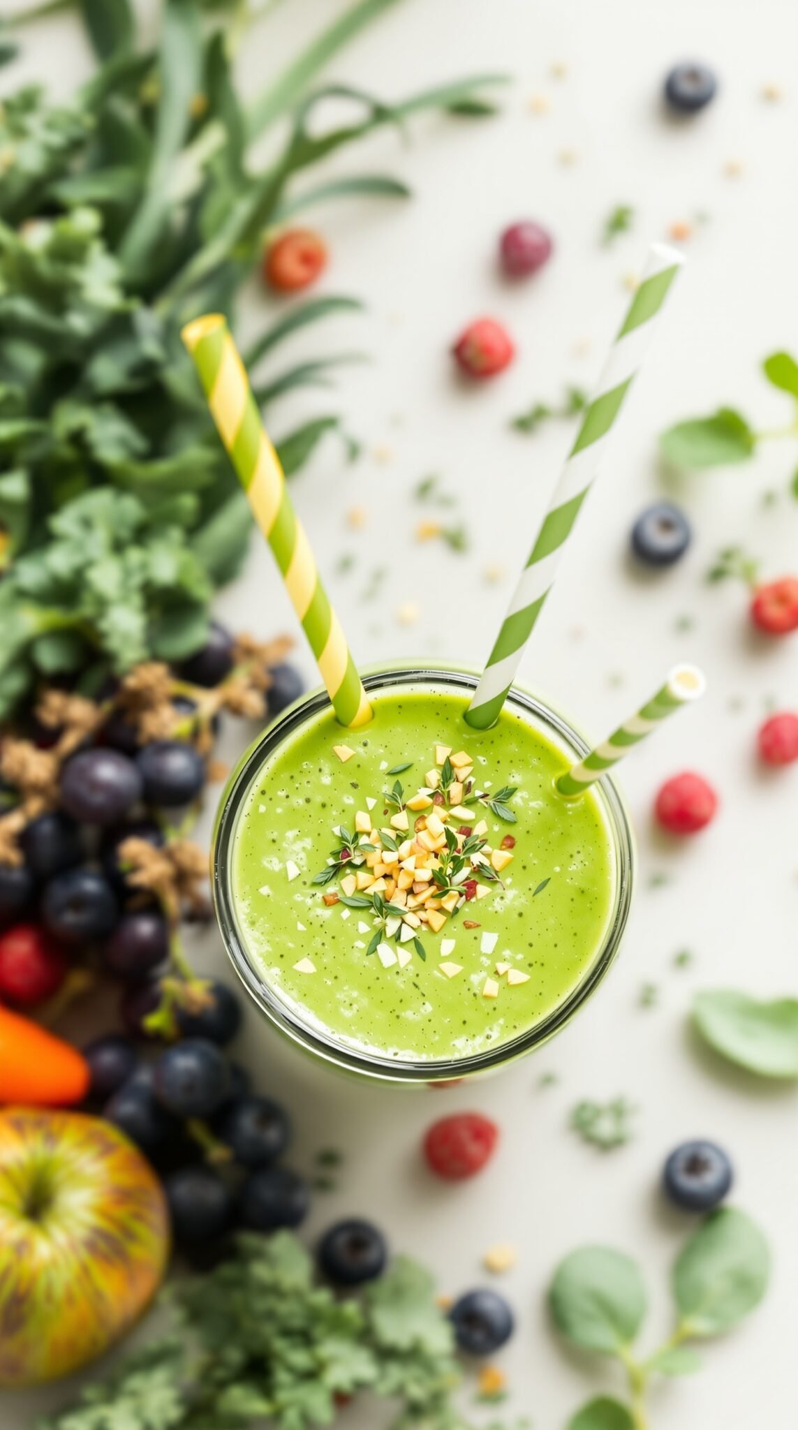 A vibrant green smoothie in a glass with two striped straws, surrounded by fresh fruits and vegetables.