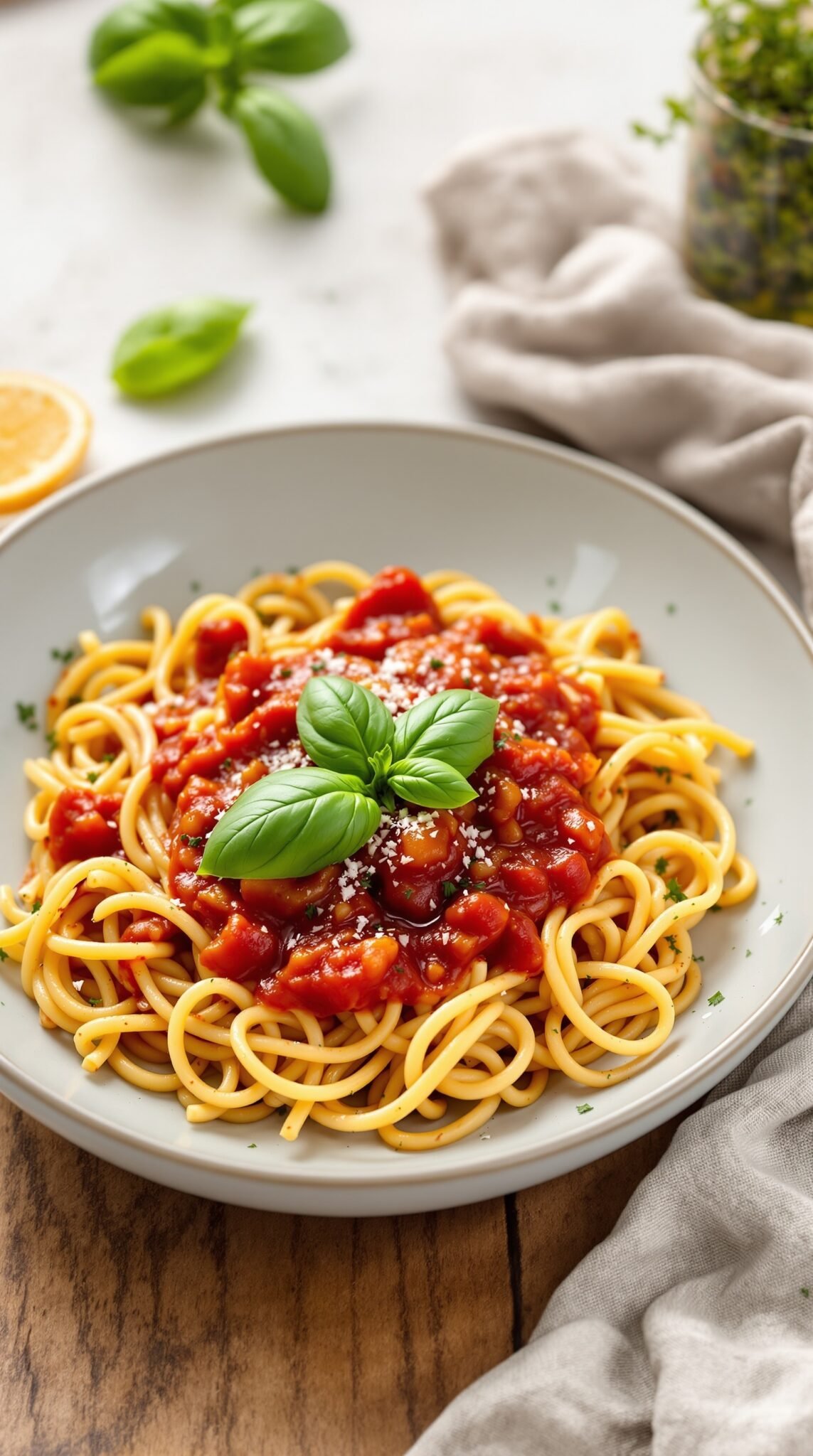 A bowl of whole grain pasta topped with tomato sauce and fresh basil, garnished with cheese.