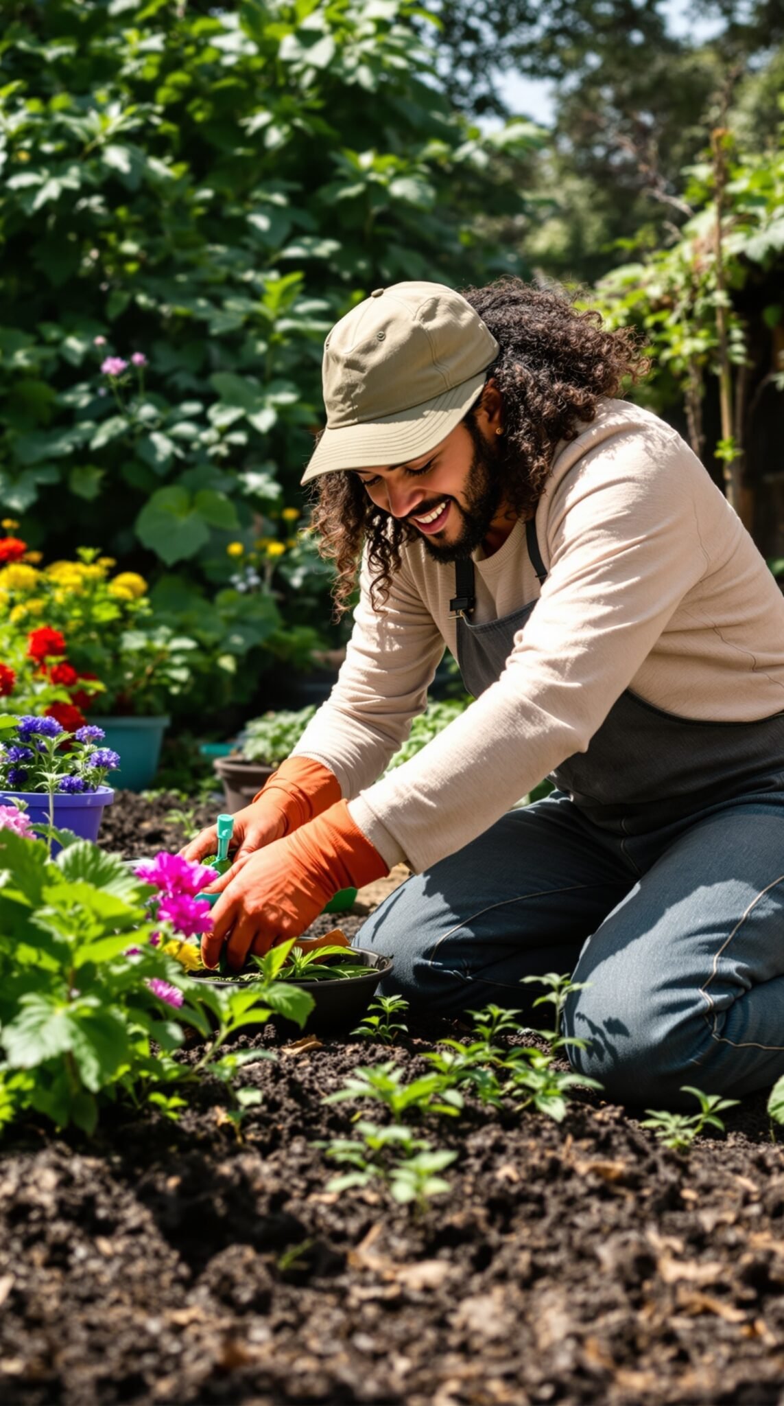 A person happily gardening, smiling while tending to colorful flowers.