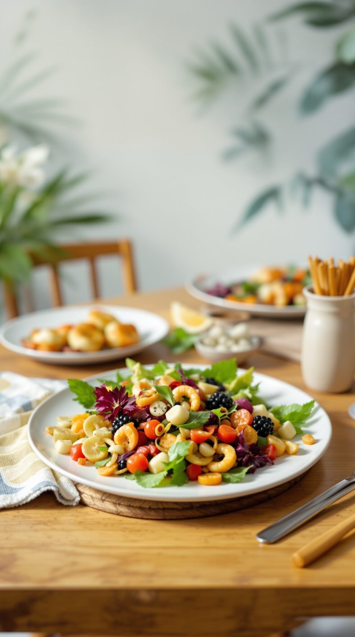 A colorful, fresh salad featuring pasta, cherry tomatoes, blackberries, and greens on a wooden table