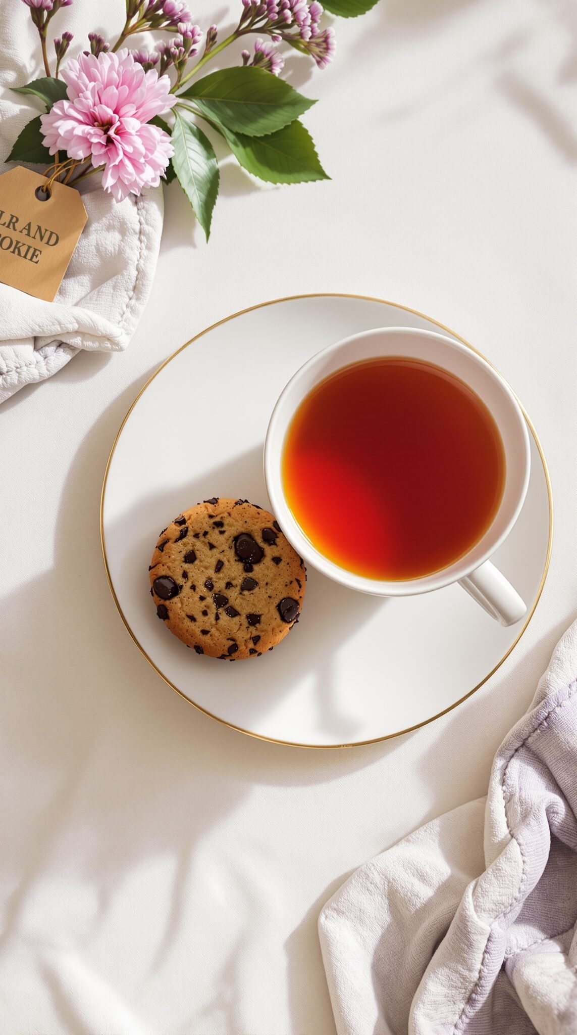A plate with a chocolate chip cookie beside a cup of tea, showcasing a balance of treats.
