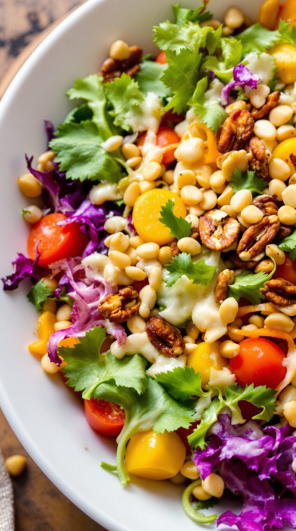 A colorful salad filled with cherry tomatoes, nuts, and fresh herbs.