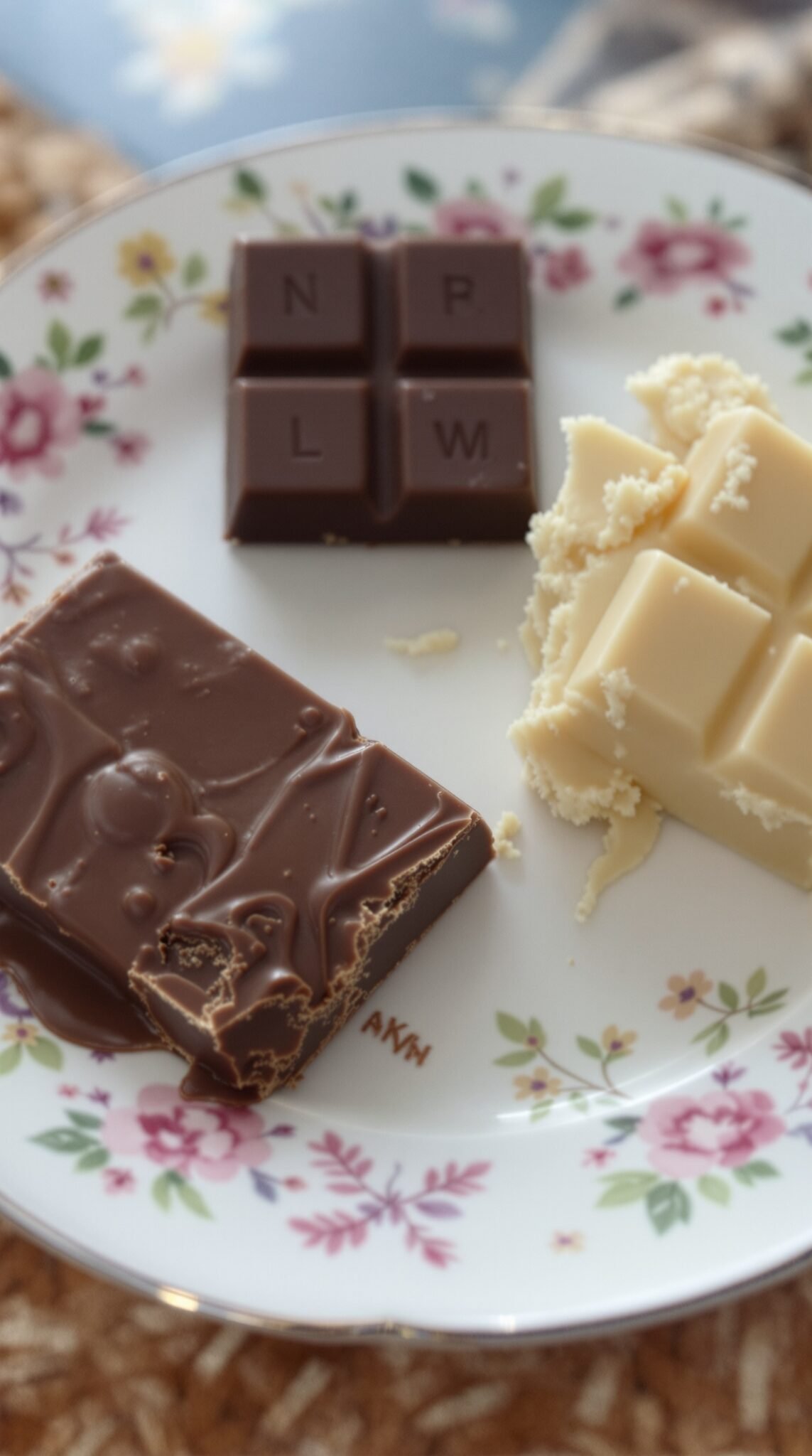 A plate with dark chocolate, milk chocolate, and white chocolate pieces, emphasizing the choice of dark chocolate for health benefits.
