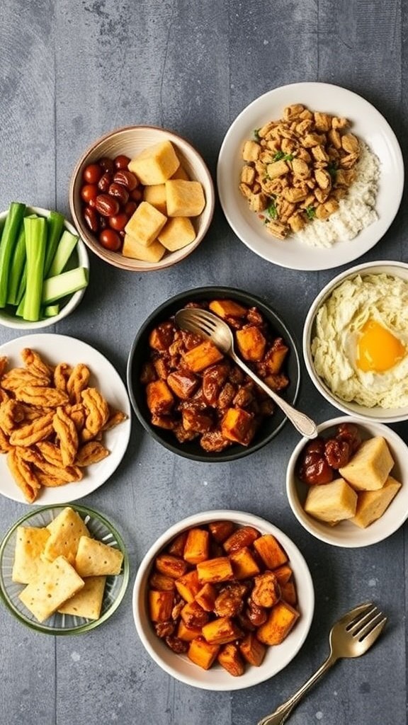 A variety of meal prep containers filled with healthy foods including chicken, sweet potatoes, celery, and snacks.