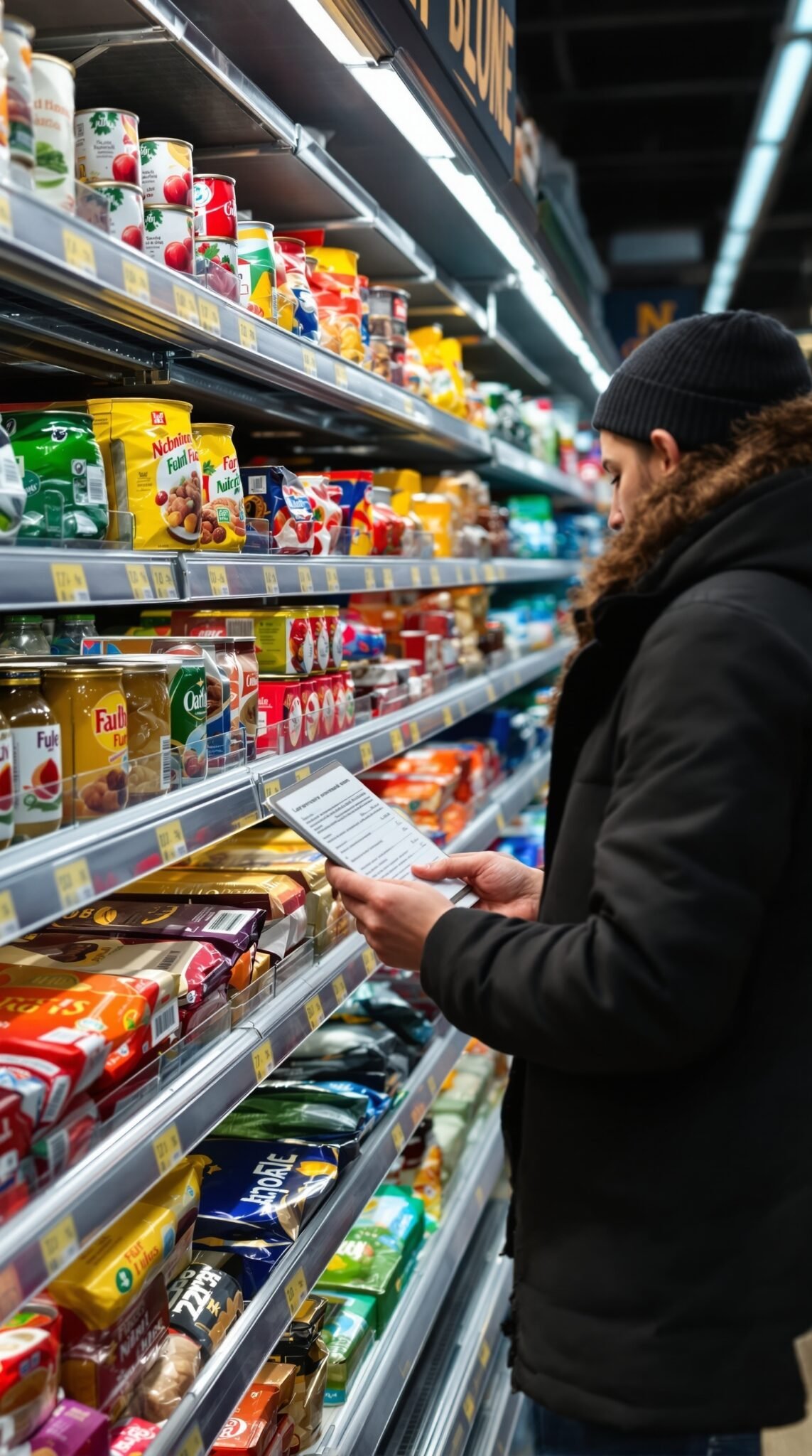 A person reading food labels in a supermarket aisle, analyzing various products