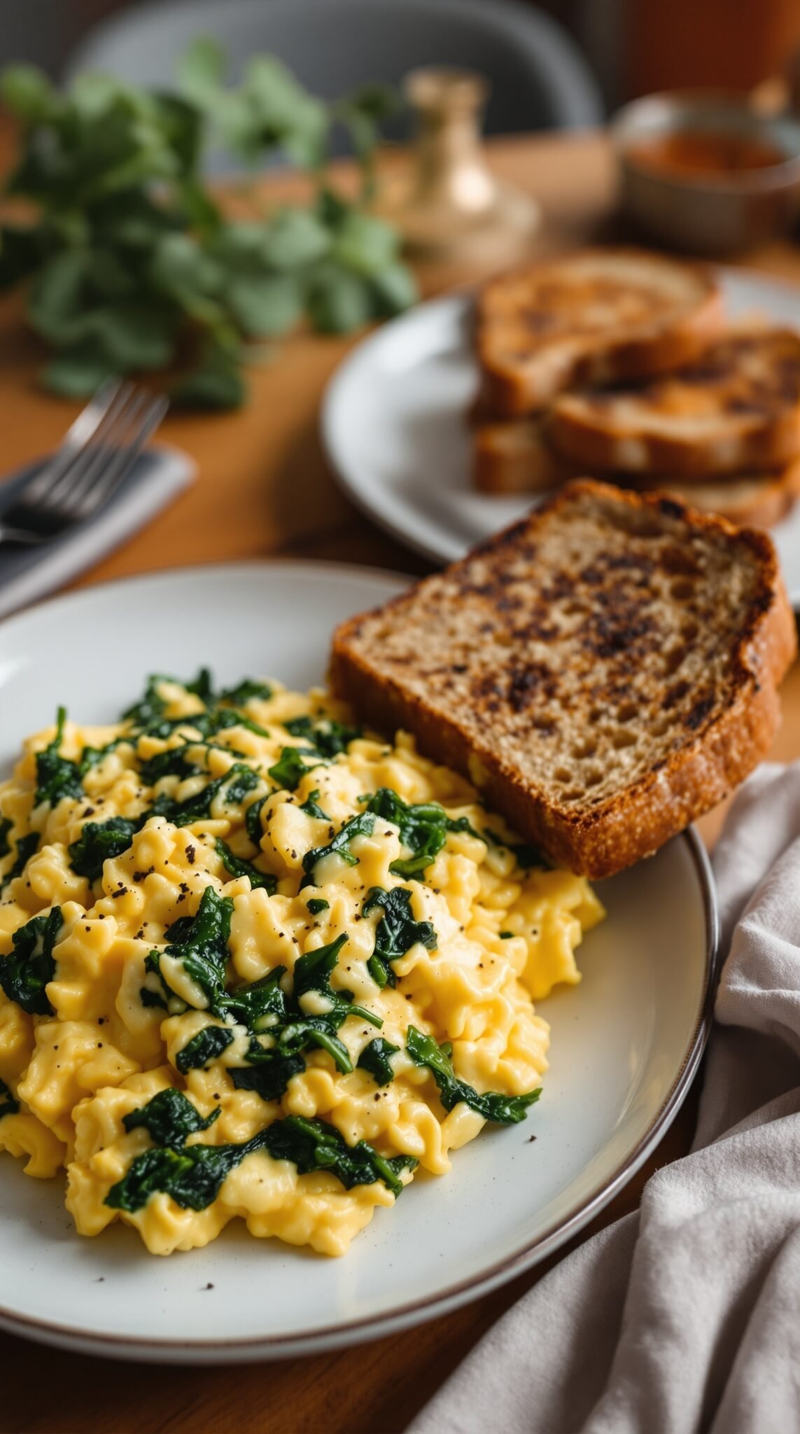 A plate with scrambled eggs and spinach served with toasted bread