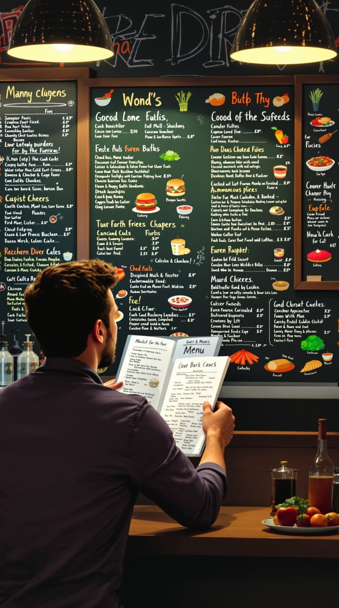 A man reading a menu at a restaurant, depicting decision-making struggles in food choices.