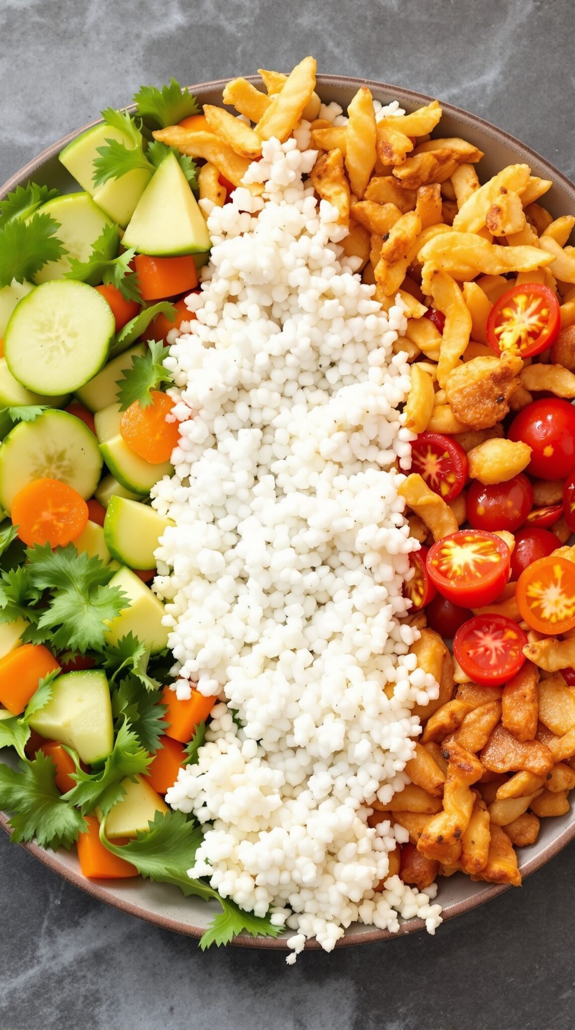 A plate of mixed foods including colorful vegetables, grains, and crispy fries, showing the importance of balanced meals.